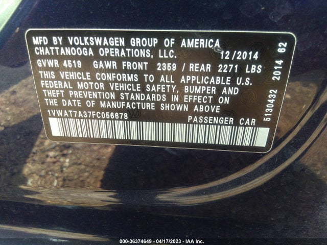 1VWAT7A37FC056678 Volkswagen Passat 1.8t Wolfsburg Ed