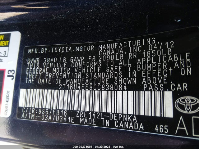 2012 TOYOTA COROLLA L/LE/S VIN: 2T1BU4EE8CC838084