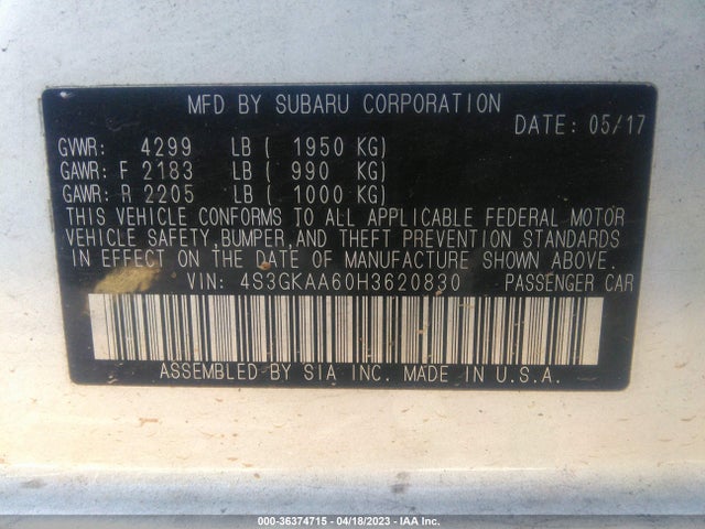 2017 SUBARU IMPREZA VIN: 4S3GKAA60H3620830