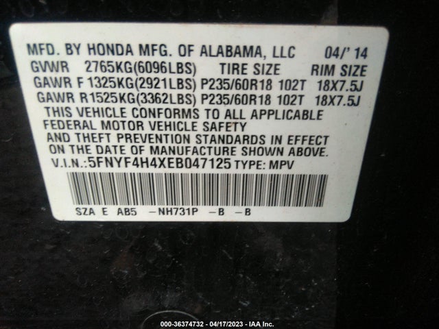 Honda Pilot Ex 2014 5FNYF4H4XEB047125 Image 9