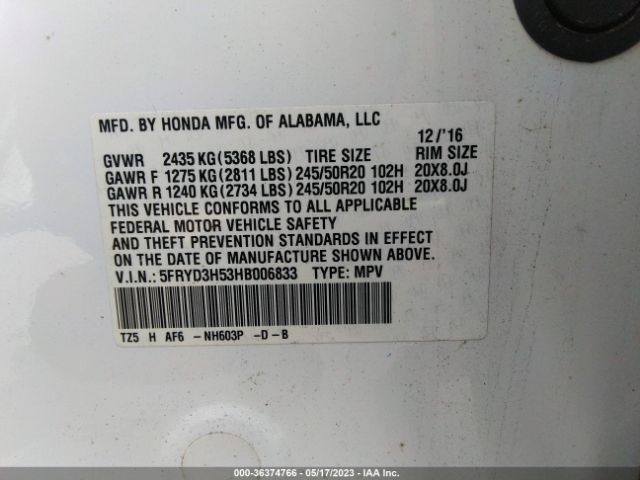 5FRYD3H53HB006833 Acura Mdx W/technology Pkg