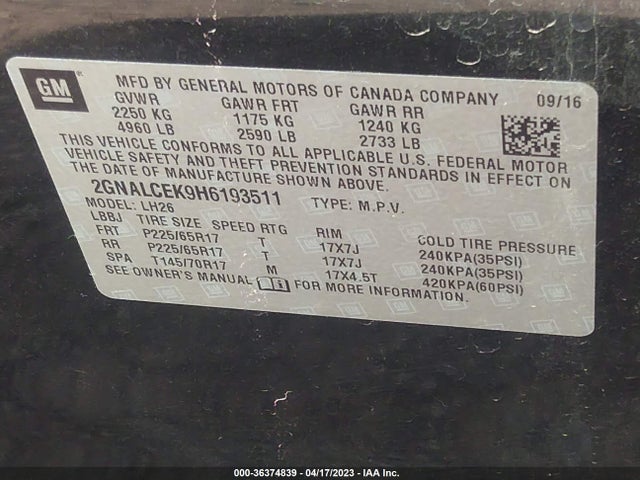 Chevrolet EQUINOX LT 2017 2GNALCEK9H6193511 Image 11