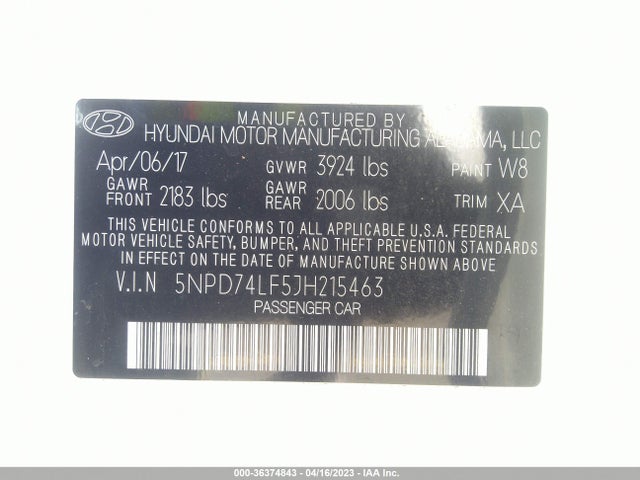 2018 HYUNDAI ELANTRA SE VIN: 5NPD74LF5JH215463