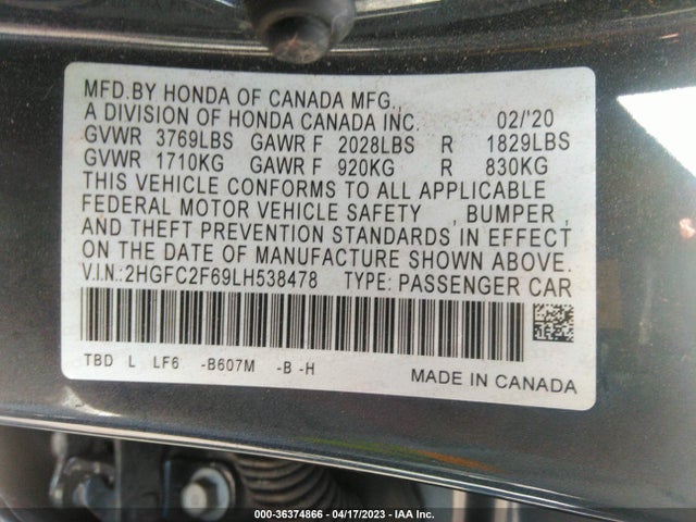 2020 HONDA CIVIC SEDAN LX VIN: 2HGFC2F69LH538478