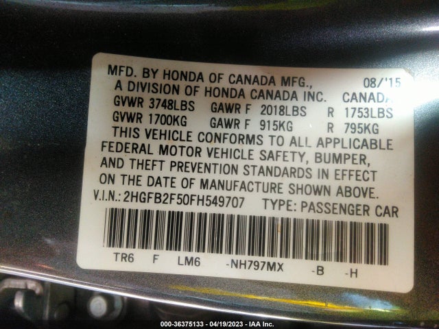 Honda Civic Sedan Lx 2015 2HGFB2F50FH549707 Image 10
