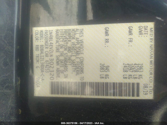 2020 NISSAN ALTIMA 2.5 SL VIN: 1N4BL4EV2LN302320