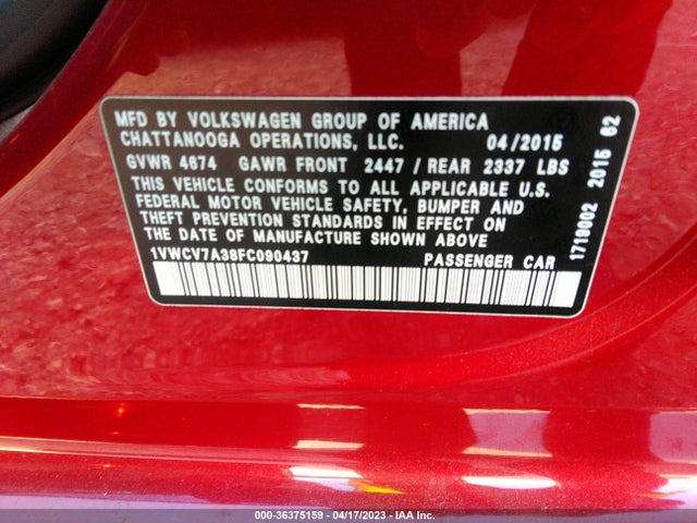 1VWCV7A38FC090437 Volkswagen Passat 2.0l Tdi Sel Premium