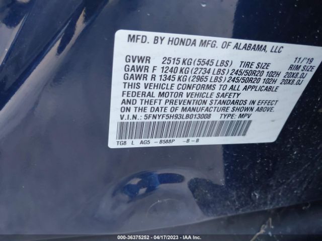 Honda Pilot Touring 8-passenger 2020 5FNYF5H93LB013008 Image 9