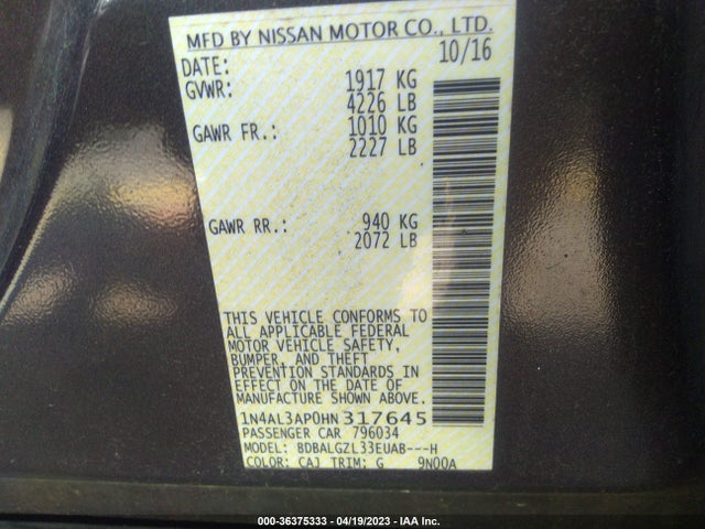 2017 NISSAN ALTIMA 2.5 S VIN: 1N4AL3AP0HN317645