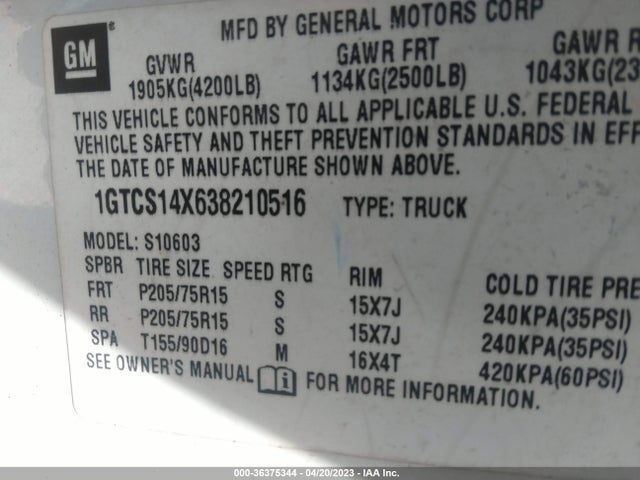 2003 GMC SONOMA SL VIN: 1GTCS14X638210516
