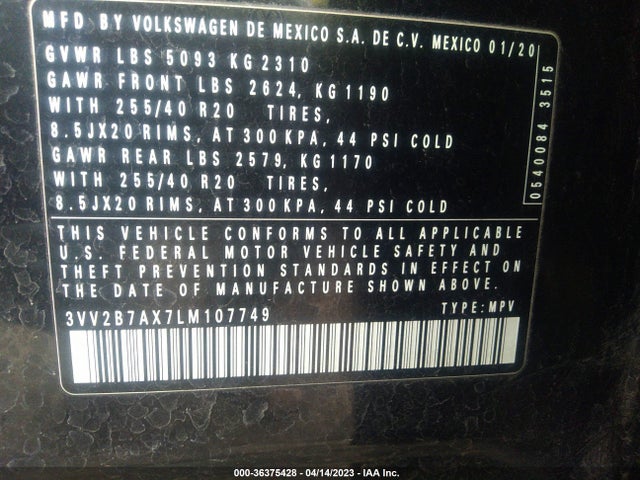 3VV2B7AX7LM107749 Volkswagen Tiguan Se/sel/se R-line Black