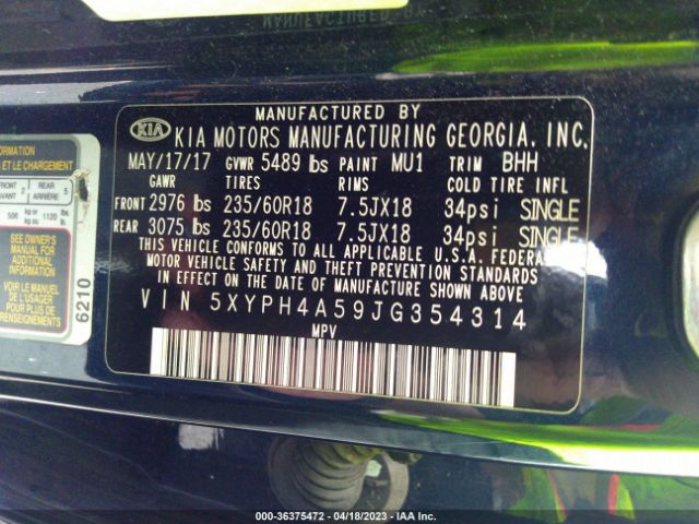 5XYPH4A59JG354314 KIA Sorento Ex V6