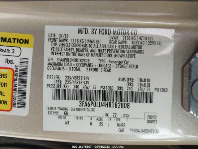 3FA6P0LU4HR182808 Ford Fusion Hybrid Se