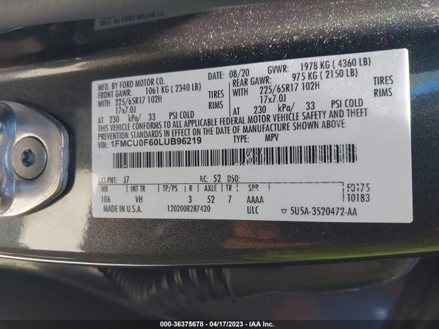 2020 FORD ESCAPE S VIN: 1FMCU0F60LUB96219