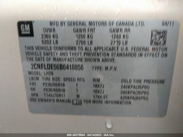 2011 CHEVROLET EQUINOX LT W/1LT VIN: 2CNFLDE56B6418856