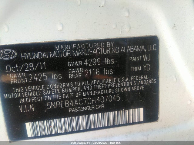 2012 HYUNDAI SONATA GLS VIN: 5NPEB4AC7CH407045