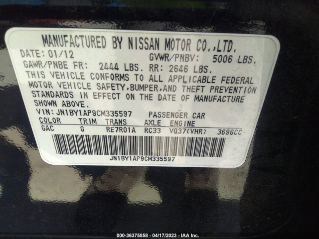 2012 INFINITI M37 VIN: JN1BY1AP9CM335597