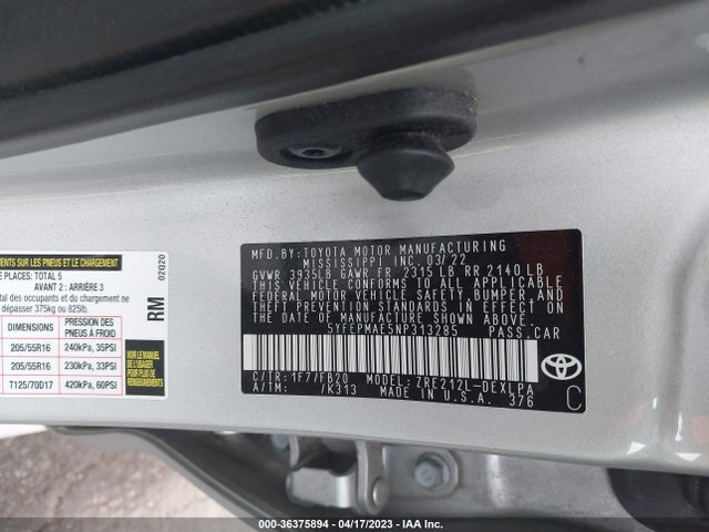 Aukcja sprzedaży 2022 Toyota Corolla Le, vin: 5YFEPMAE5NP313285, numer aukcji: 36375894