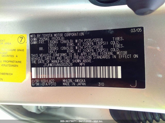 Aukcja sprzedaży 2006 Lexus Rx 400h, vin: JTJHW31U860003528, numer aukcji: 36376071