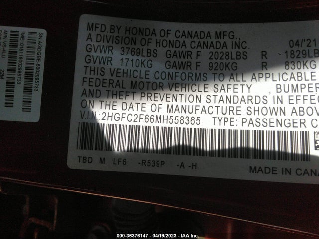 2021 HONDA CIVIC SEDAN LX VIN: 2HGFC2F66MH558365