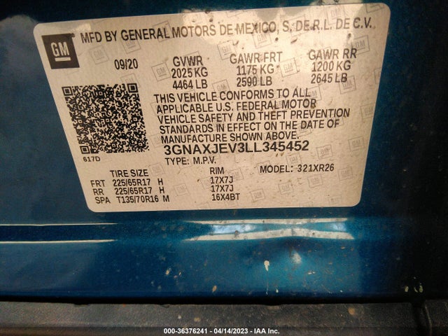Chevrolet EQUINOX LT 2020 3GNAXJEV3LL345452 Image 9