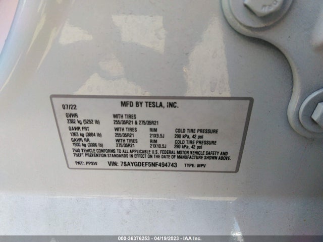Tesla Model Y Performance 2022 7SAYGDEF5NF494743 Image 9