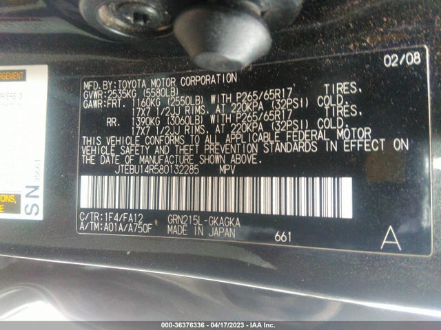 2008 TOYOTA 4RUNNER SR5 SPORT VIN: JTEBU14R580132285