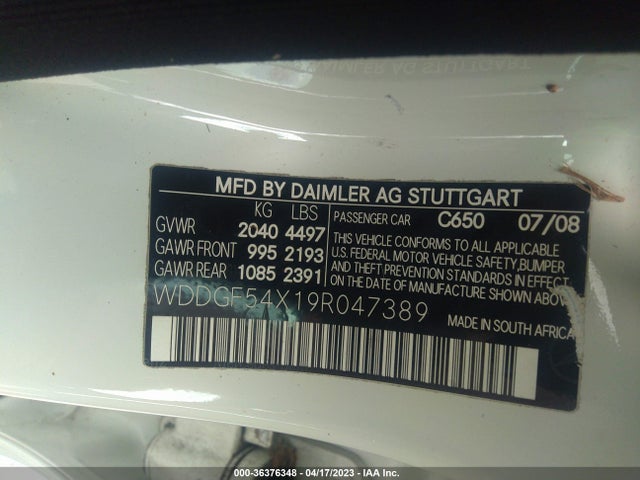 2009 MERCEDES-BENZ C-CLASS 3.0L VIN: WDDGF54X19R047389