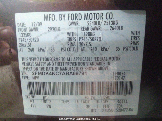 2010 FORD EDGE LIMITED VIN: 2FMDK4KC7ABA69791