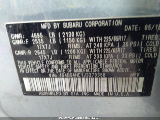 4S4BSAHC1J3370358 Subaru Outback Premium