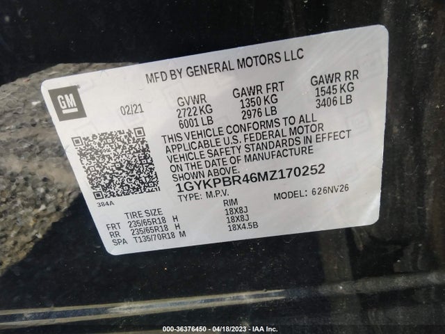 1GYKPBR46MZ170252 Cadillac Xt6 Luxury