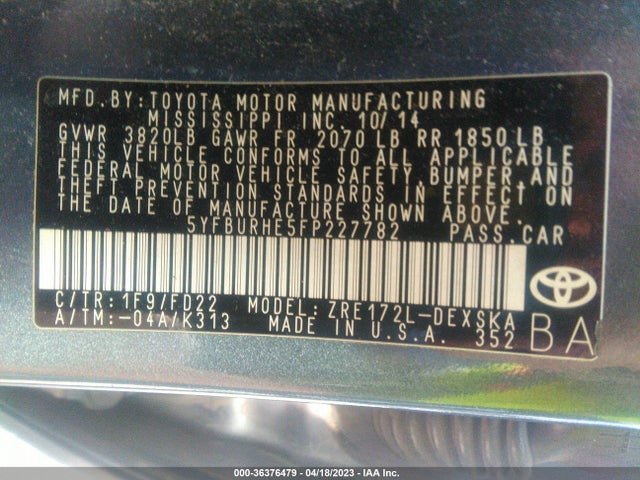 2015 TOYOTA COROLLA L/LE/S/S PLUS/LE PLUS VIN: 5YFBURHE5FP227782