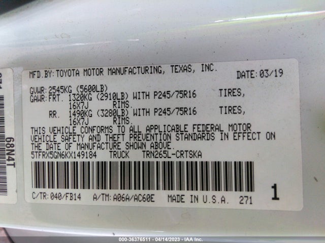 Toyota Tacoma 2wd Sr/sr5 2019 5TFRX5GN6KX149184 Image 10