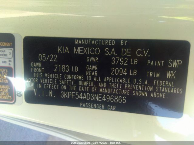 3KPF54AD3NE496866 KIA Forte Gt-line