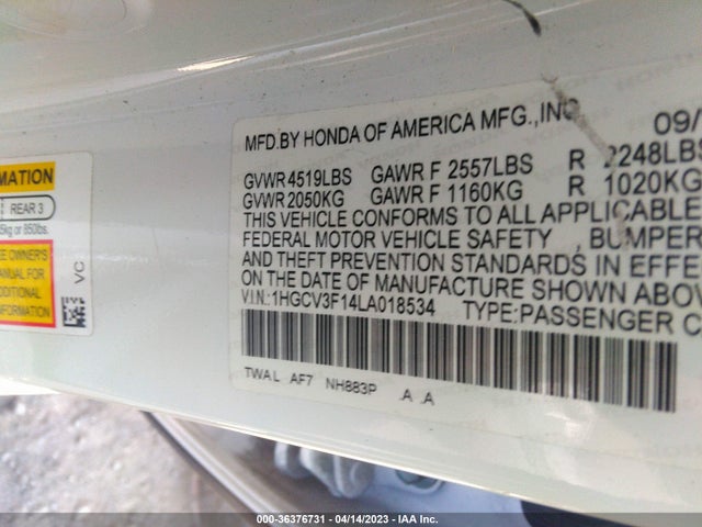 2020 HONDA ACCORD HYBRID VIN: 1HGCV3F14LA018534