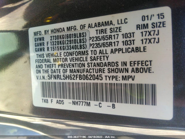 Honda Odyssey Ex-l 2015 5FNRL5H62FB062045 Image 9