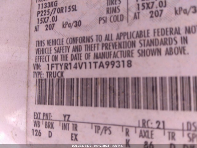 2001 FORD RANGER XL/XLT VIN: 1FTYR14V11TA99318