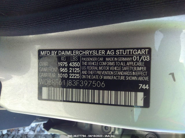 2003 MERCEDES-BENZ C-CLASS 2.6L VIN: WDBRF61J83F397506