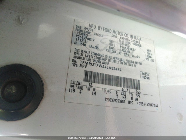 2004 FORD EXPEDITION EDDIE BAUER VIN: 1FMRU17W54LA33474
