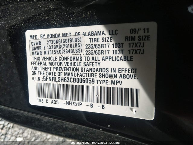 2012 HONDA ODYSSEY EX-L VIN: 5FNRL5H63CB006059