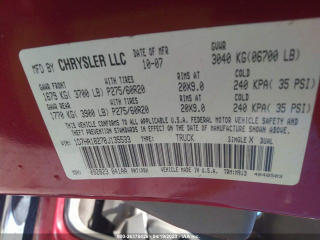 2008 DODGE RAM 1500 SLT VIN: 1D7HA18278J135533