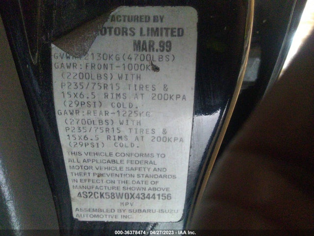 1999 ISUZU RODEO S/LS/LSE VIN: 4S2CK58W0X4344156