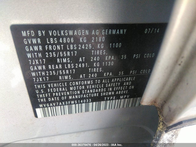 WVGAV7AX3FW514033 Volkswagen TIGUAN SE