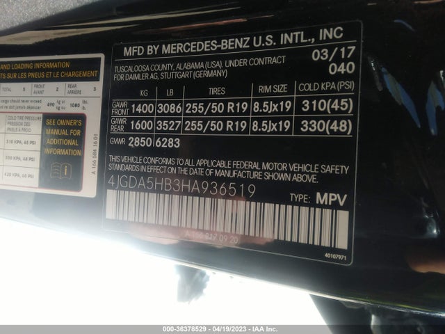 2017 MERCEDES-BENZ GLE GLE 350 VIN: 4JGDA5HB3HA936519