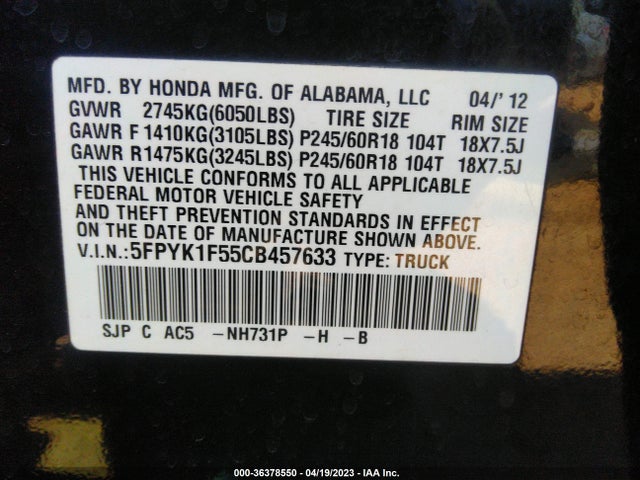 2012 HONDA RIDGELINE RTL VIN: 5FPYK1F55CB457633