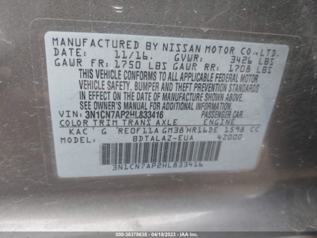 3N1CN7AP2HL833416 Nissan Versa Sedan S Plus