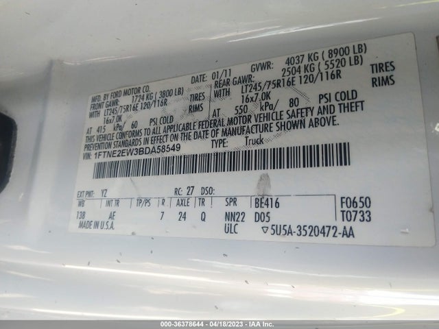 2011 FORD ECONOLINE CARGO VAN COMMERCIAL/RECREATIONAL VIN: 1FTNE2EW3BDA58549