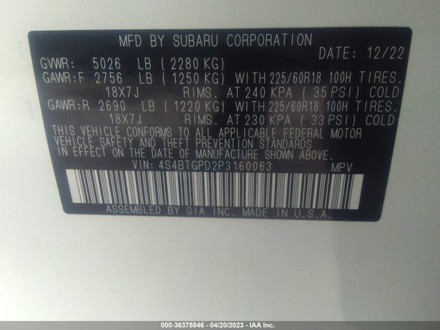 2023 SUBARU OUTBACK TOURING XT VIN: 4S4BTGPD2P3160063
