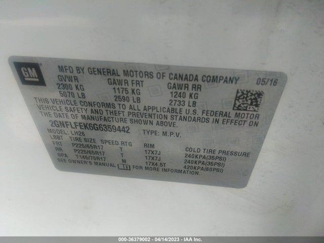 Chevrolet EQUINOX LT 2016 2GNFLFEK6G6359442 Image 10