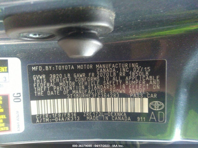 2015 TOYOTA COROLLA L/LE/S/S PLUS/LE PLUS VIN: 2T1BURHE3FC364283